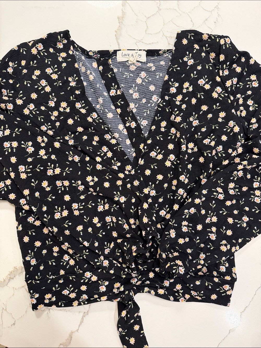 Love + Joy Black Floral Top with tie cut out back Size Small